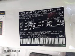 2021 Mercedes-Benz GLE 350 with VIN 4JGFB4KB4MA395175, listed as a IAAI auction lot 41971071 with 44,734 mi miles and . Bid and sale history available at DreamBid. Image 9.