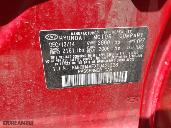 2015 Hyundai Elantra Limited with VIN KMHDH4AEXFU421328, listed as a IAAI auction lot 41777321 with 147,230 mi miles. Bid and sale history available at carsss.com. Image 9.