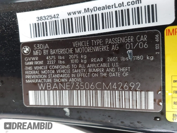 2006 BMW 5 Series 530i with VIN WBANE73506CM42692, listed as a IAAI auction lot 41712986 with 144,501 mi miles and . Bid and sale history available at carsss.com. Image 9.