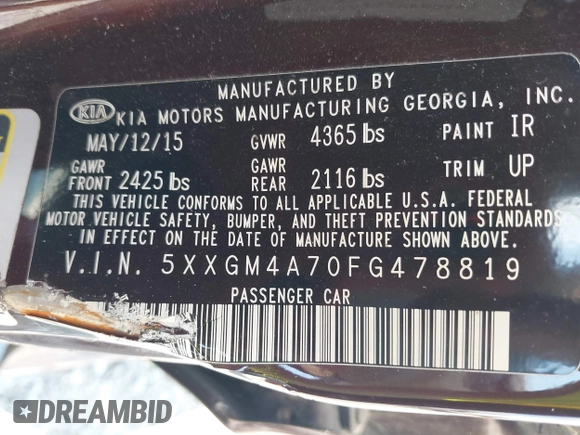 2015 Kia Optima LX with VIN 5XXGM4A70FG478819, listed as a IAAI auction lot 42571214 with 130,707 mi miles and . Bid and sale history available at DreamBid. Image 9.