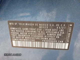 2021 Volkswagen Jetta SEL with VIN 3VWE57BUXMM050386, listed as a IAAI auction lot 42140492 with 74,477 mi miles and . Bid and sale history available at DreamBid. Image 9.