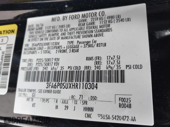 2017 Ford Fusion Titanium with VIN 3FA6P0SUXHR110304, listed as a IAAI auction lot 42119565 with 118,706 mi miles and . Bid and sale history available at DreamBid. Image 9.