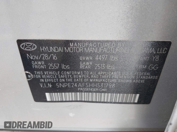2017 Hyundai Sonata SE with VIN 5NPE24AF5HH531798, listed as a IAAI auction lot 41955060 with 142,985 mi miles and . Bid and sale history available at DreamBid. Image 9.
