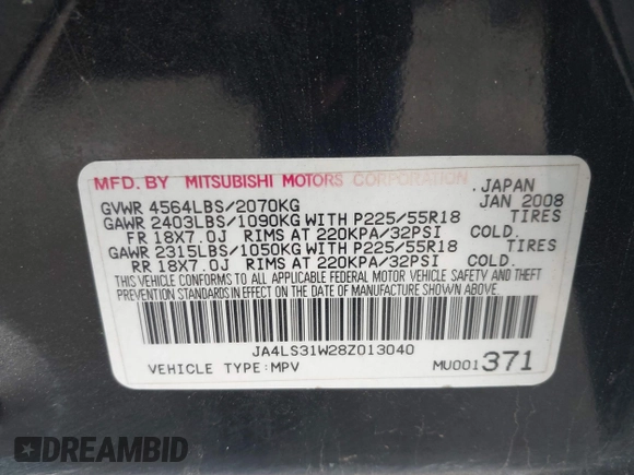 2008 Mitsubishi Outlander SE z VIN JA4LS31W28Z013040, wystawiony jako IAAI lot #42422285 z przebiegiem 155 225 mil mil oraz . Historia ofert i sprzedaży dostępna na DreamBid. Obrazek 9.