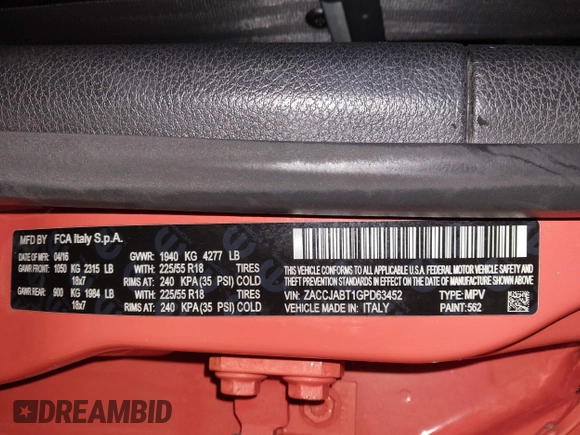 2016 Jeep Renegade Latitude with VIN ZACCJABT1GPD63452, listed as a IAAI auction lot 41481749 with 97,246 mi miles and . Bid and sale history available at DreamBid. Image 9.
