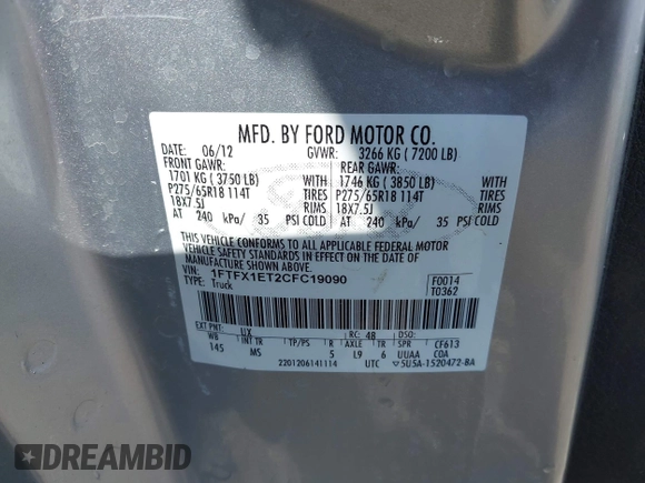 2012 Ford F-150 XL with VIN 1FTFX1ET2CFC19090, listed as a IAAI auction lot 42287771 with 170,142 mi miles and . Bid and sale history available at DreamBid. Image 9.
