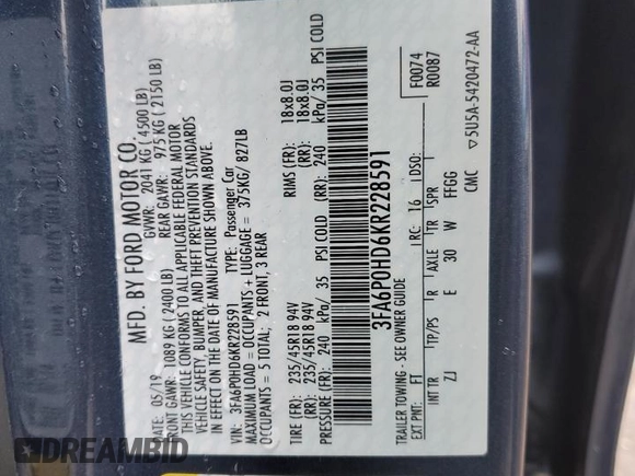 2019 Ford Fusion SE with VIN 3FA6P0HD6KR228591, listed as a Copart auction lot 52126565 with 35,012 mi miles and Salvage Title. Bid and sale history available at carsss.com. Image 13.