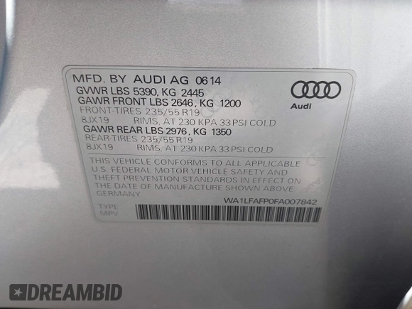 2015 Audi Q5 Premium Plus with VIN WA1LFAFP0FA007842, listed as a IAAI auction lot 42195991 with 107,105 mi miles and . Bid and sale history available at DreamBid. Image 9.