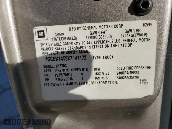 1999 Chevrolet Silverado 1500 LS with VIN 1GCEK14T8XZ141172, listed as a Copart auction lot 43923885 with 161,615 mi miles and Salvage Title. Bid and sale history available at carsss.com. Image 14.