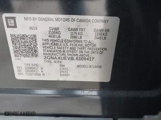 2020 Chevrolet Equinox LT with VIN 2GNAXUEV8L6109417, listed as a IAAI auction lot 41895061 with 105,765 mi miles. Bid and sale history available at carsss.com. Image 9.