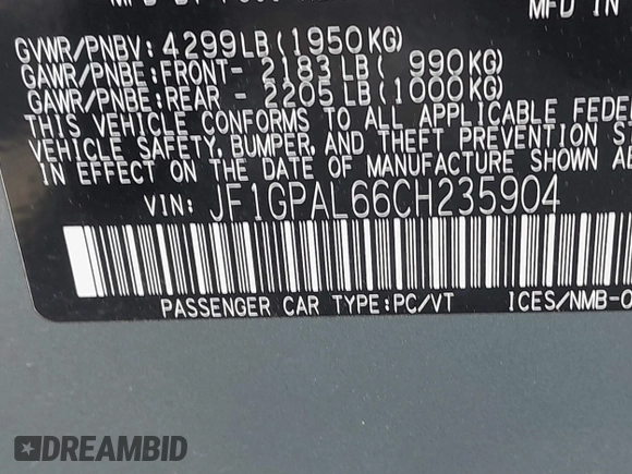 2012 Subaru Impreza Special Sports Premium с VIN JF1GPAL66CH235904, выставлен на аукционе IAAI как лот 42319073 с пробегом 115 168 миль миль и . История ставок и продаж доступна на DreamBid. Изображение 9.