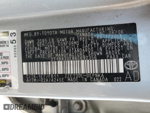 2006 Toyota Corolla CE with VIN 2T1BR30E86C692356, listed as a Copart auction lot 60872895 with 170,947 mi miles and Salvage title. Bid and sale history available at DreamBid. Image 12.