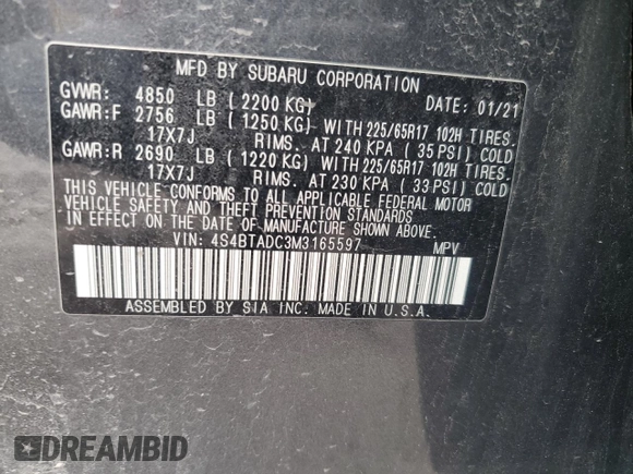 2021 Subaru Outback Premium with VIN 4S4BTADC3M3165597, listed as a Copart auction lot 53890585 with 49,687 mi miles and Salvage Title. Bid and sale history available at DreamBid. Image 13.