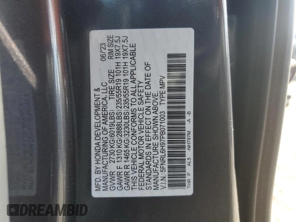 2023 Honda Odyssey Elite с VIN 5FNRL6H97PB071003, выставлен на аукционе Copart как лот 43641965 с пробегом Не указан миль и Списание • Salvage title. История ставок и продаж доступна на DreamBid. Изображение 13.