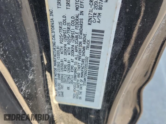2002 Toyota Tacoma with VIN 5TEWM72NX2Z051332, listed as a Copart auction lot 66688465 with 185,611 mi miles and Clean title. Bid and sale history available at DreamBid. Image 12.