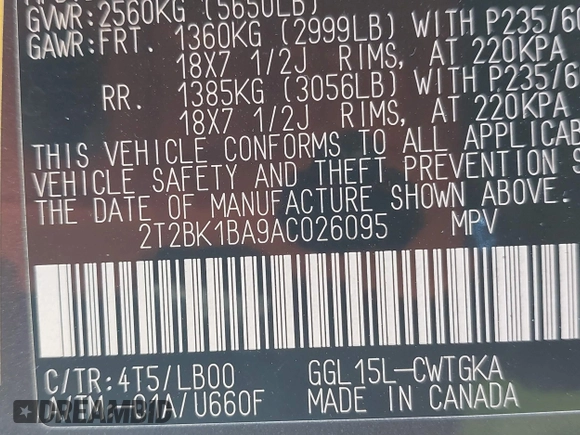 2010 Lexus RX 350 with VIN 2T2BK1BA9AC026095, listed as a IAAI auction lot 42277958 with 222,882 mi miles and . Bid and sale history available at DreamBid. Image 9.