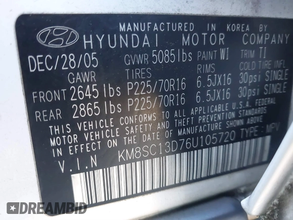 2006 Hyundai Santa Fe GLS with VIN KM8SC13D76U105720, listed as a IAAI auction lot 41559249 with 180,436 mi miles. Bid and sale history available at carsss.com. Image 9.