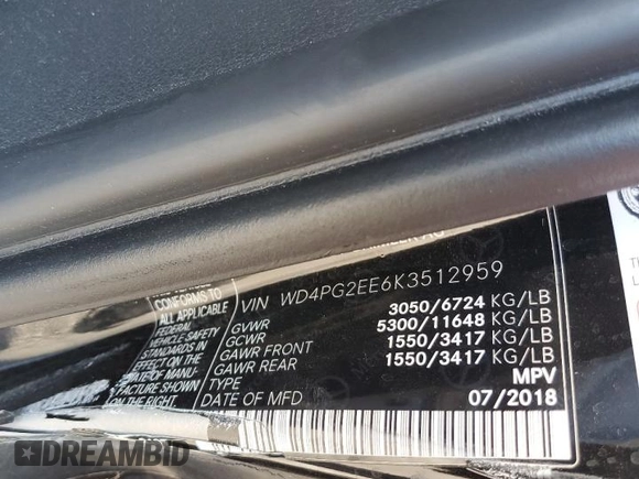 2019 Mercedes-Benz Metris Passenger with VIN WD4PG2EE6K3512959, listed as a Copart auction lot 75256644 with 51,198 mi miles and Salvage title. Bid and sale history available at DreamBid. Image 13.