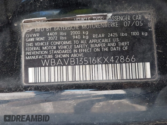 2006 BMW 3 Series 325i с VIN WBAVB13516KX42866, выставлен на аукционе IAAI как лот 42335482 с пробегом 194 694 миль миль и . История ставок и продаж доступна на DreamBid. Изображение 9.