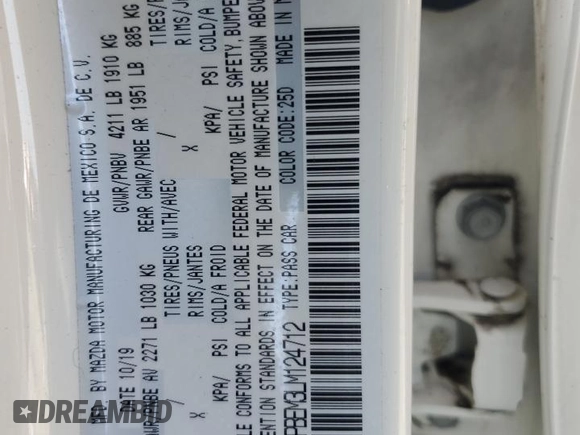 2020 Mazda 3 Premium with VIN 3MZBPBEM3LM124712, listed as a Copart auction lot 60290155 with 39,693 mi miles and Salvage title. Bid and sale history available at DreamBid. Image 13.