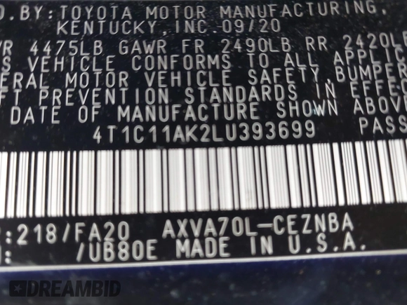 2020 Toyota Camry LE with VIN 4T1C11AK2LU393699, listed as a IAAI auction lot 42123267 with 66,932 mi miles and . Bid and sale history available at carsss.com. Image 9.