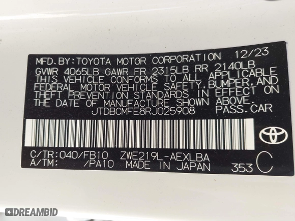 2024 Toyota Corolla Hybrid LE with VIN JTDBCMFE8RJ025908, listed as a IAAI auction lot 41822770 with 16,747 mi miles. Bid and sale history available at carsss.com. Image 9.