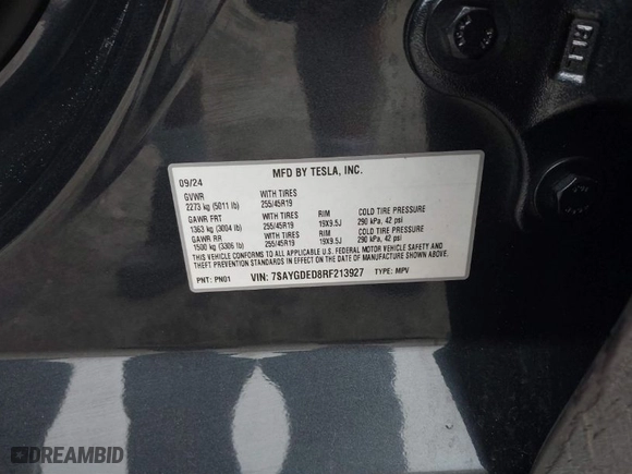 2024 Tesla Model Y with VIN 7SAYGDED8RF213927, listed as a IAAI auction lot 41386687 with 3,599 mi miles. Bid and sale history available at carsss.com. Image 9.