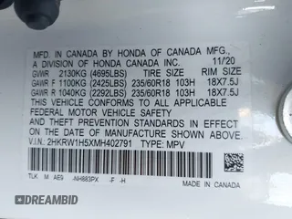 2021 Honda CR-V EX with VIN 2HKRW1H5XMH402791, listed as a IAAI auction lot 41815299 with 58,700 mi miles. Bid and sale history available at carsss.com. Image 9.