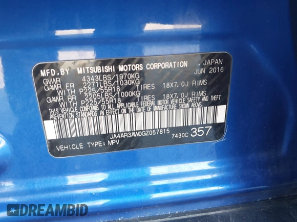 2016 Mitsubishi Outlander Sport 2.4 ES with VIN JA4AR3AW0GZ057815, listed as a IAAI auction lot 41721549 with 107,233 mi miles. Bid and sale history available at carsss.com. Image 9.