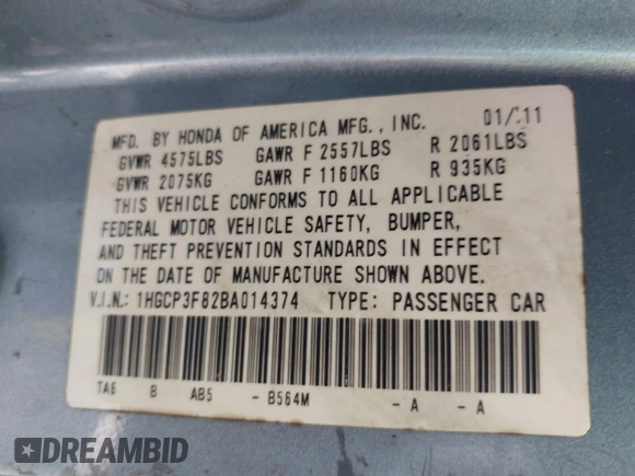 2011 Honda Accord EX-L with VIN 1HGCP3F82BA014374, listed as a IAAI auction lot 42714947 with 201,059 mi miles and . Bid and sale history available at DreamBid. Image 9.
