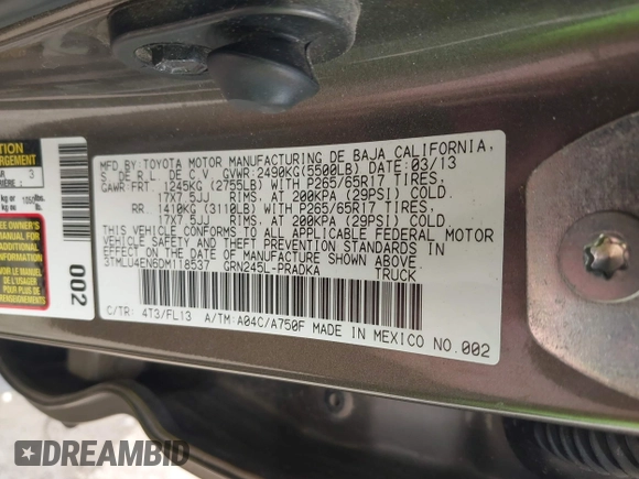 2013 Toyota Tacoma with VIN 3TMLU4EN6DM118537, listed as a IAAI auction lot 41824193 with 158,504 mi miles and . Bid and sale history available at DreamBid. Image 9.