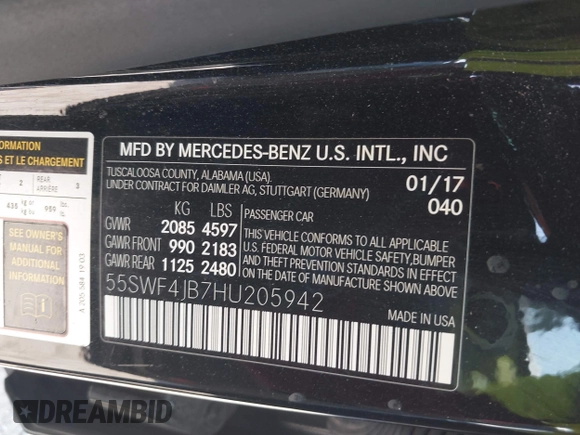 2017 Mercedes-Benz C 300 with VIN 55SWF4JB7HU205942, listed as a IAAI auction lot 42359347 with 109,761 mi miles and . Bid and sale history available at DreamBid. Image 9.