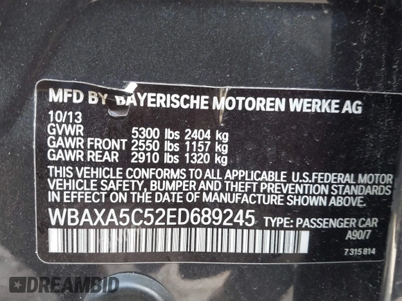 2014 BMW 5 Series 535d with VIN WBAXA5C52ED689245, listed as a IAAI auction lot 41016152 with 95,392 mi miles and . Bid and sale history available at carsss.com. Image 9.