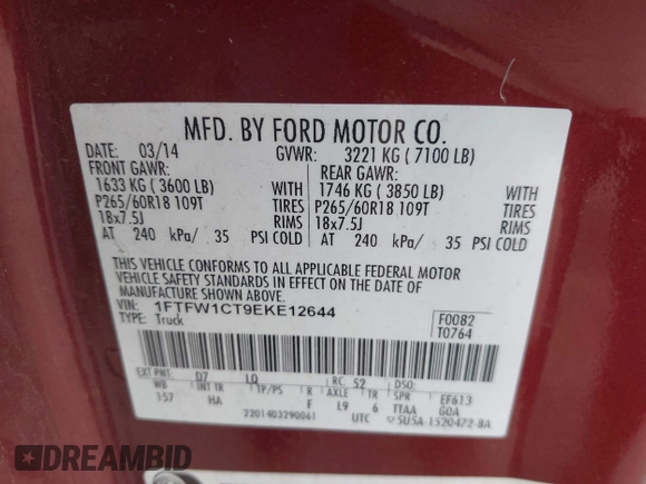 2014 Ford F-150 XL with VIN 1FTFW1CT9EKE12644, listed as a IAAI auction lot 41943360 with 256,090 mi miles and . Bid and sale history available at DreamBid. Image 9.