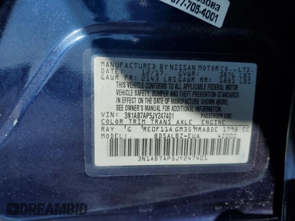 2018 Nissan Sentra S z VIN 3N1AB7AP5JY247401, wystawiony jako Copart lot #60749335 z przebiegiem 86 223 mil mil oraz Szkoda całkowita • Salvage title. Historia ofert i sprzedaży dostępna na DreamBid. Obrazek 13.