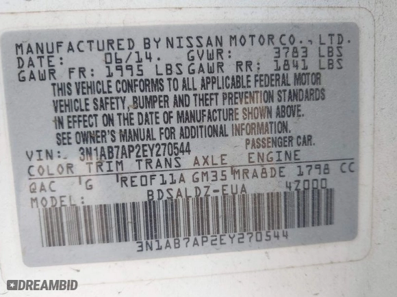 2014 Nissan Sentra SR with VIN 3N1AB7AP2EY270544, listed as a IAAI auction lot 41952047 with 170,172 mi miles. Bid and sale history available at carsss.com. Image 9.