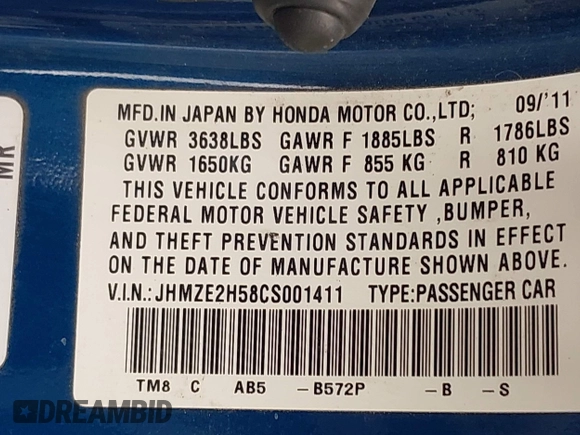 2012 Honda Insight LX with VIN JHMZE2H58CS001411, listed as a IAAI auction lot 42148575 with 155,586 mi miles and . Bid and sale history available at DreamBid. Image 9.