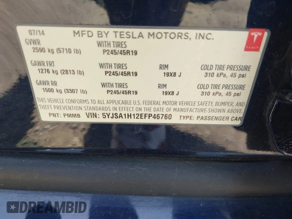 2014 Tesla Model S 60 with VIN 5YJSA1H12EFP46760, listed as a IAAI auction lot 42344596 with 106,252 mi miles and . Bid and sale history available at DreamBid. Image 9.