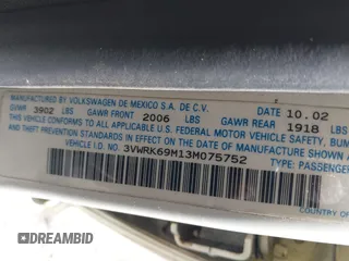 2003 Volkswagen Jetta GL с VIN 3VWRK69M13M075752, выставлен на аукционе IAAI как лот 42241488 с пробегом 169 831 миль миль и . История ставок и продаж доступна на DreamBid. Изображение 9.