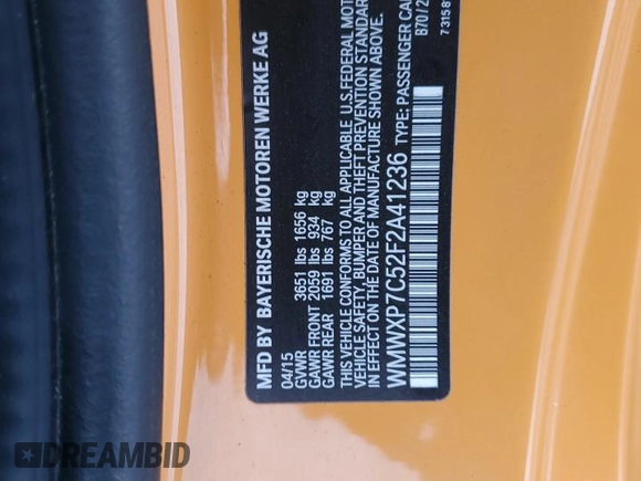 2015 MINI Hardtop S with VIN WMWXP7C52F2A41236, listed as a Copart auction lot 52600215 with 113,536 mi miles and Salvage Title. Bid and sale history available at DreamBid. Image 12.