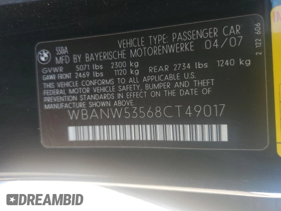 2008 BMW 5 Series 550i with VIN WBANW53568CT49017, listed as a Copart auction lot 44167845 with 159,396 mi miles and Salvage Title. Bid and sale history available at carsss.com. Image 12.