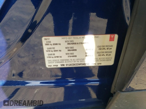 2017 Tesla Model X 90D z VIN 5YJXCDE22HF040293, wystawiony jako Copart lot #48324025 z przebiegiem 53 515 mil mil oraz Szkody całkowita. Historia ofert i sprzedaży dostępna na DreamBid. Obrazek 14.