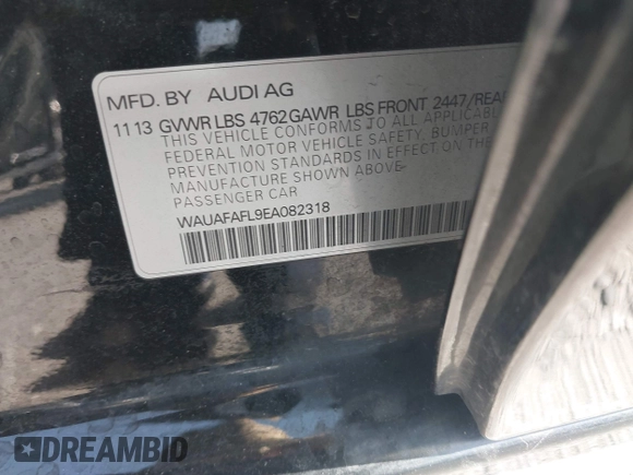 2014 Audi A4 Premium with VIN WAUAFAFL9EA082318, listed as a IAAI auction lot 41957307 with 65,086 mi miles. Bid and sale history available at carsss.com. Image 9.