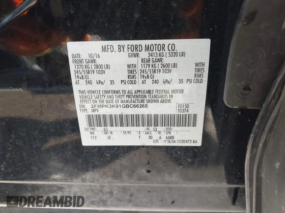 2016 Ford Edge Titanium with VIN 2FMPK3K91GBC66265, listed as a IAAI auction lot 41858592 with 63,621 mi miles. Bid and sale history available at carsss.com. Image 9.