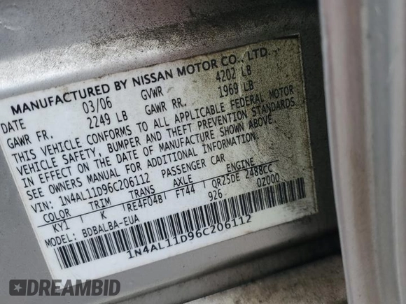 2006 Nissan Altima 2.5 S with VIN 1N4AL11D96C206112, listed as a Copart auction lot 45546025 with 387,102 mi miles and Salvage Title. Bid and sale history available at carsss.com. Image 12.
