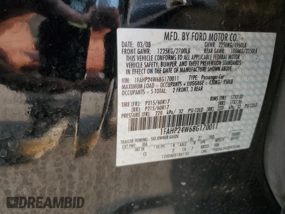 2008 Ford Taurus SEL with VIN 1FAHP24W68G170011, listed as a Copart auction lot 64528594 with 0 mi miles and Salvage Title. Bid and sale history available at carsss.com. Image 14.