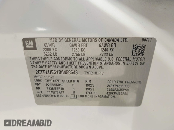 2011 GMC Terrain SLT-1 with VIN 2CTFLUE51B6458643, listed as a IAAI auction lot 41408988 with 160,087 mi miles and . Bid and sale history available at carsss.com. Image 9.