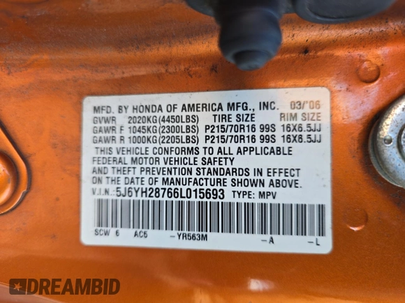 2006 Honda Element EX-P with VIN 5J6YH28766L015693, listed as a Copart auction lot 54615155 with 260,081 mi miles and Clean Title. Bid and sale history available at DreamBid. Image 10.