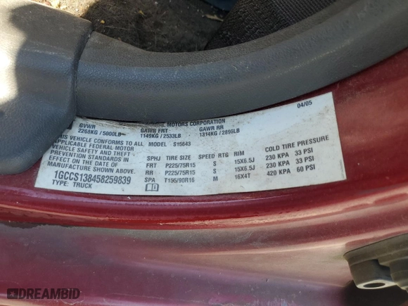 2005 Chevrolet Colorado 1SB LS Z85 with VIN 1GCCS138458259839, listed as a Copart auction lot 50251535 with 221,818 mi miles and Salvage Title. Bid and sale history available at carsss.com. Image 12.