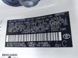 2019 Toyota Prius L Eco with VIN JTDKARFU8K3102331, listed as a IAAI auction lot 41852084 with 54,275 mi miles. Bid and sale history available at carsss.com. Image 9.